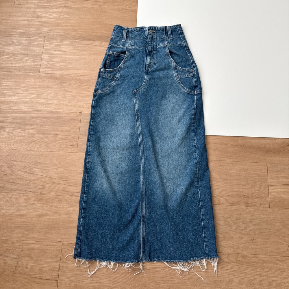 We The Free Free People Denim Maxi Skirt Blue Raw Hem High Waist 26 Boho